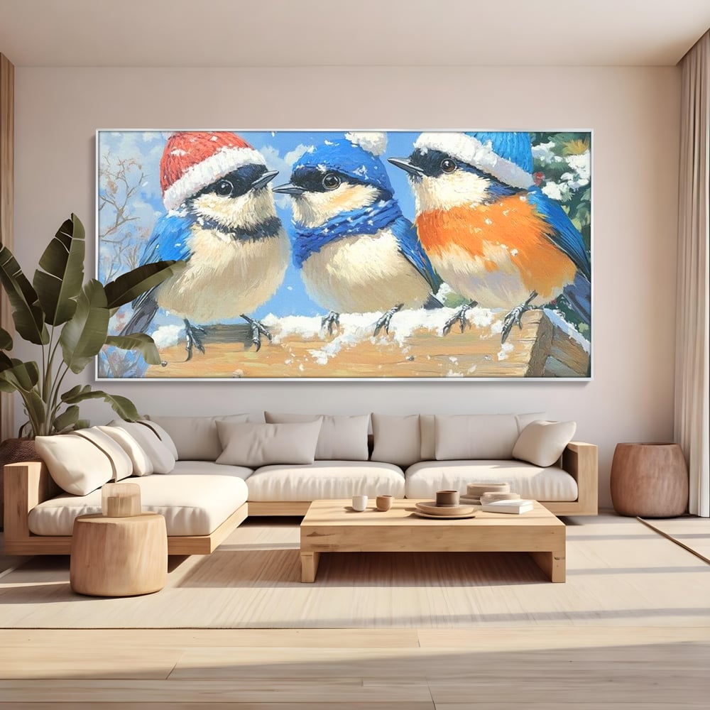 Tablou canvas cu tablou canvas cu trei vrabiute cu caciulite de iarna, in rama de aluminiu argintiu, pe perete intr-un living